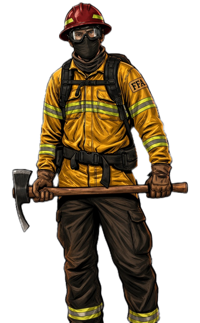 Ilustración de Joan Cuevas como bombero forestal con herramienta Pulaski